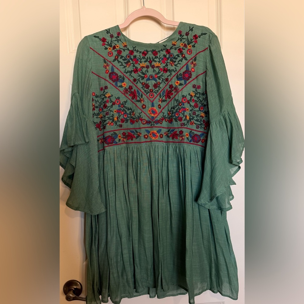 Umgee Green Dress with Embroidered Floral Details
